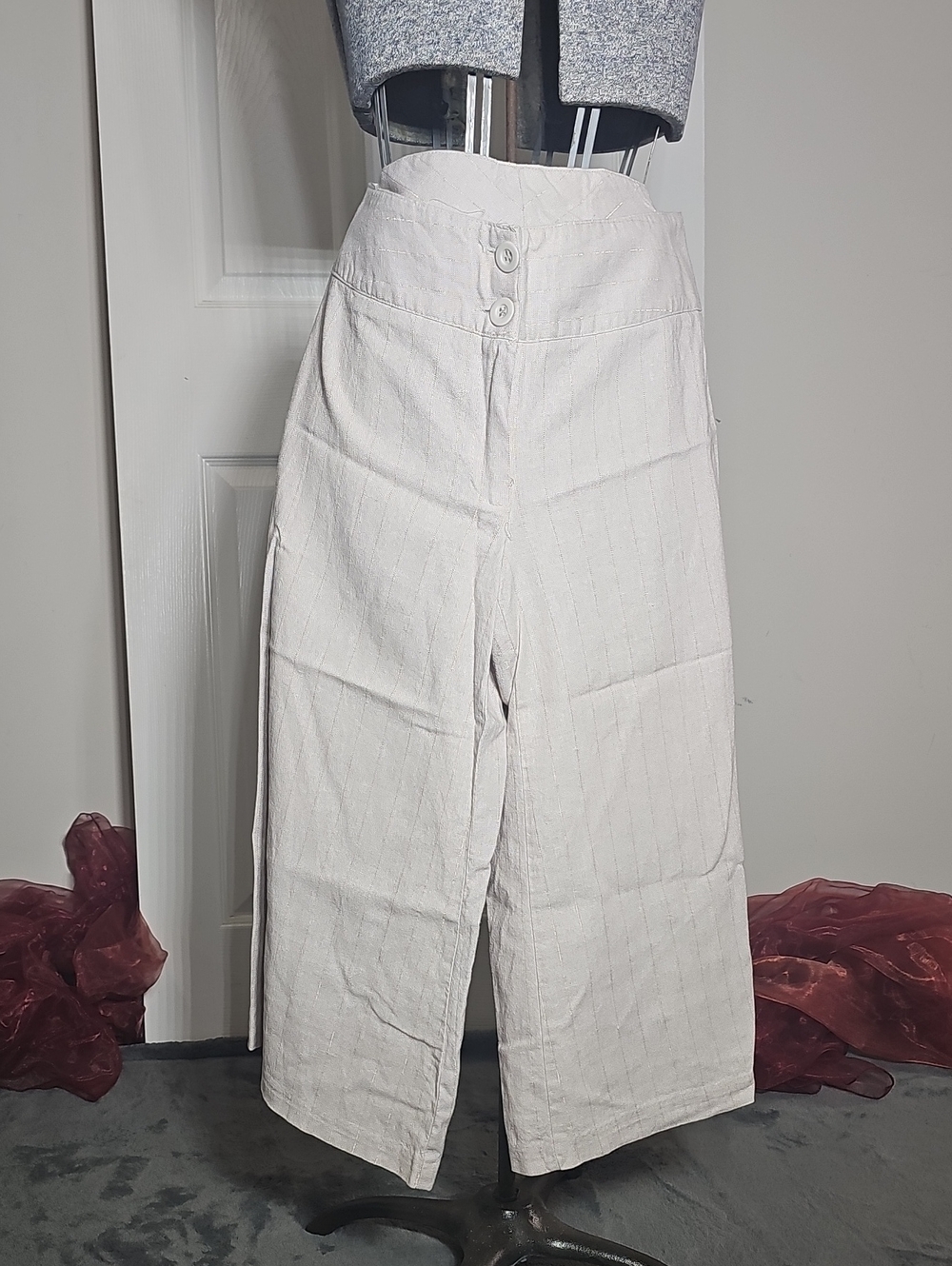 Vintage Take That Linen Blend Wide Leg Culottes Cream Gold Striped Pants 7 USA